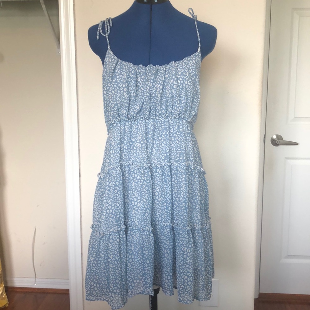 Blue and white print dress